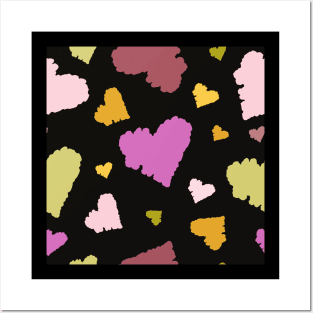 Violet and gold hearts on black background Posters and Art